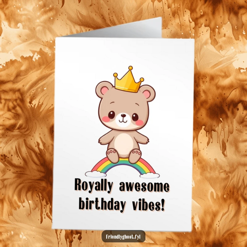 Funny Free Printable Birthday Card: Bear cub with crown balancing on rainbow, ready to celebrate your special day.