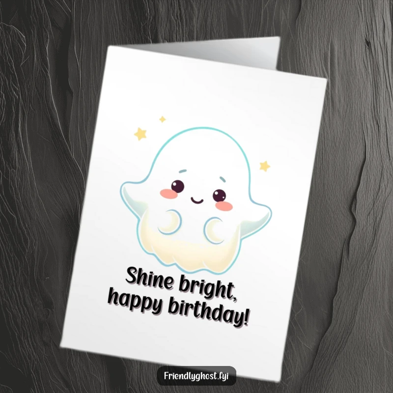 Free Printable Birthday Card: Ghost character emitting a comforting glow with a warm expression, a soothing downloadable.