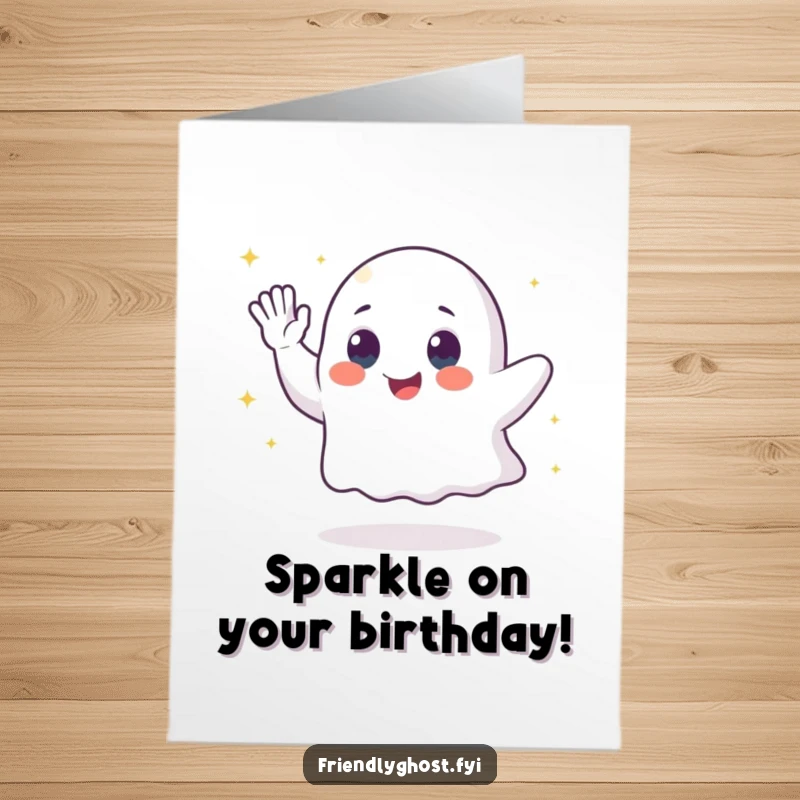 Funny Free Printable Birthday Card: A friendly ghost character waves goodbye leaving a shimmering trail of sparkling dust, celebrating a birthday, print at home.