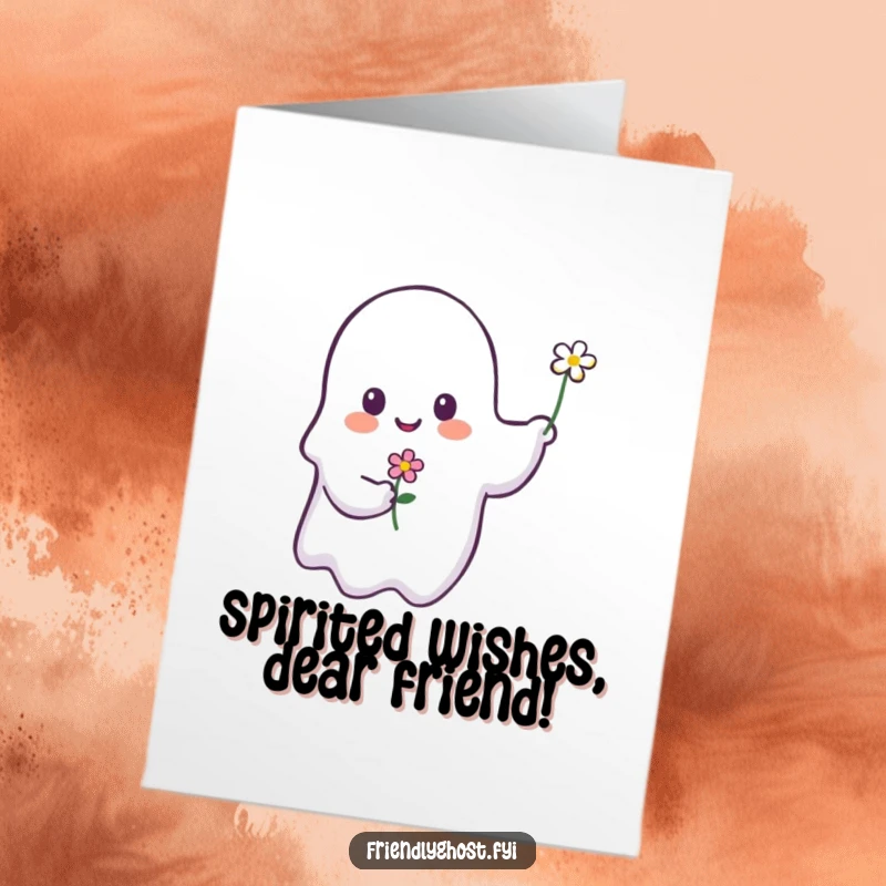 Funny Free Printable Birthday Card featuring a cute smiling ghost offering a delicate flower, perfect for a sweet and happy celebration.