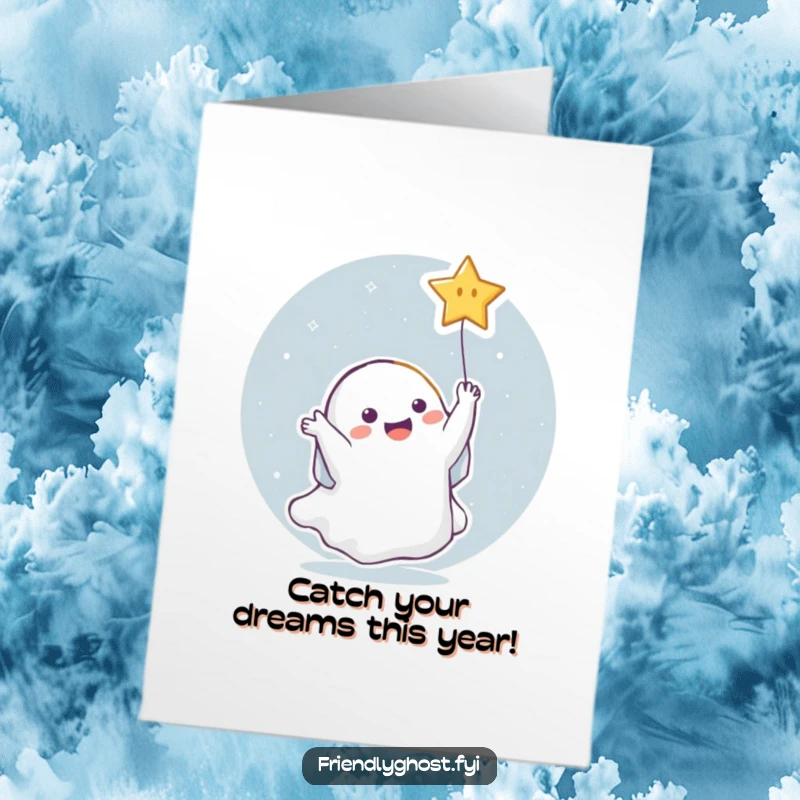 Funny free printable birthday card: a ghost joyfully catches a twinkling falling star.
