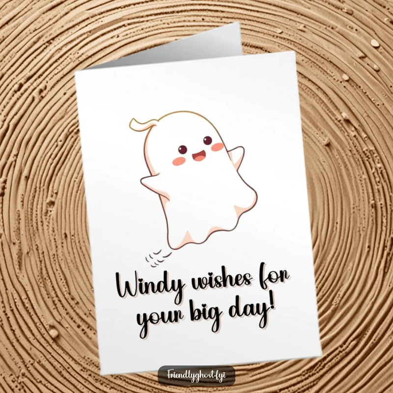 Funny free printable birthday card: Ghost gleefully riding a playful gust of wind, a whimsical and cheerful design.