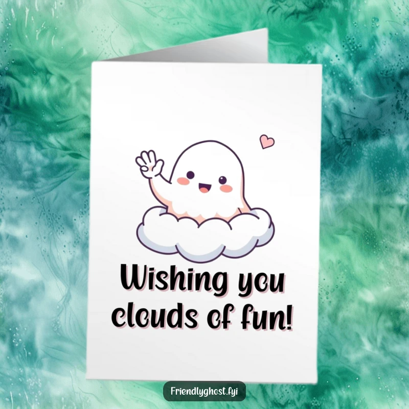 Funny Free Printable Birthday Card: A small ghost character waving a friendly greeting while floating on a cloud.