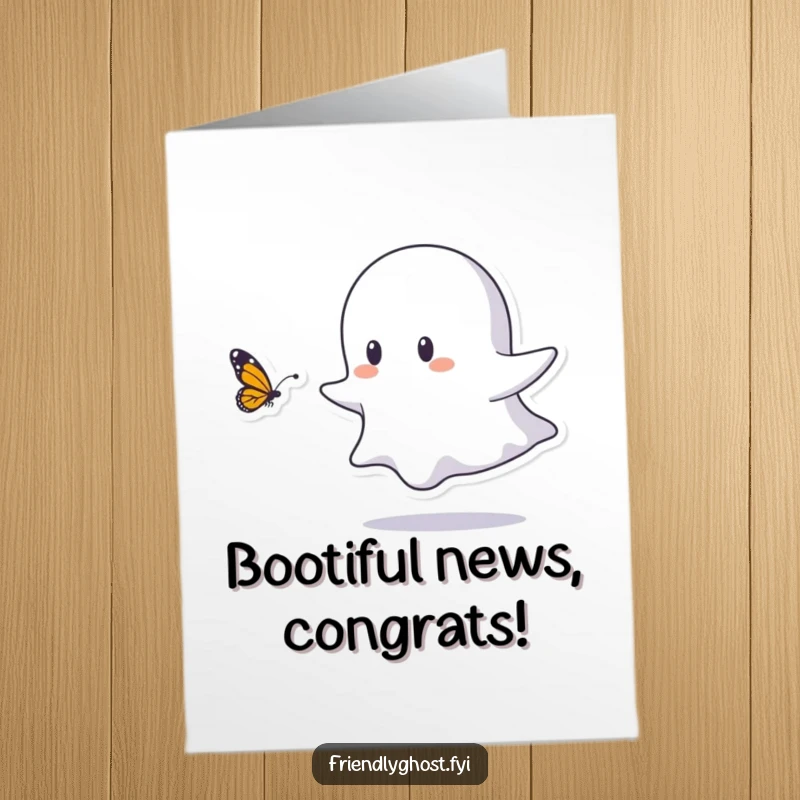 Free Printable Congrats Card: Small ghost happily chasing a butterfly, a delightful and congratulatory downloadable.
