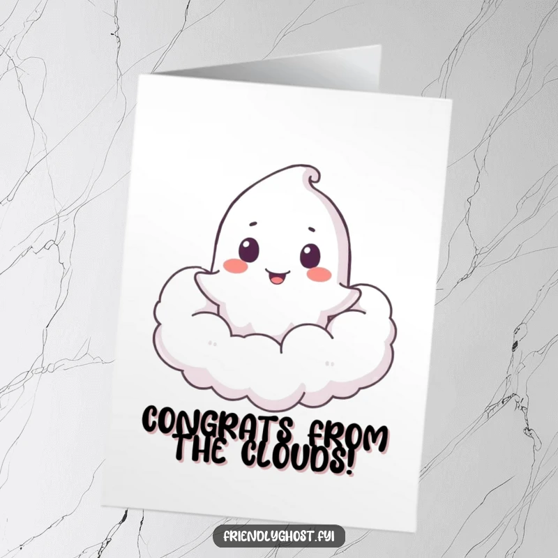 Funny free printable congratulations card: Ghost playfully peeking out from a soft, fluffy cloud, sharing happy news.