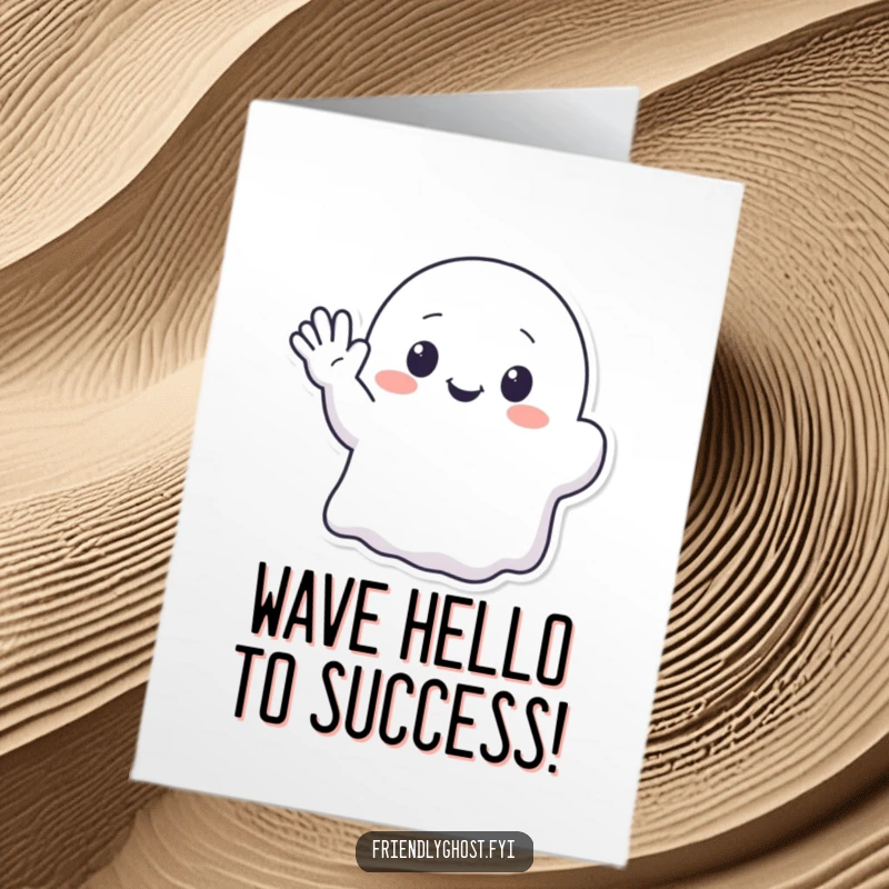Funny Free Printable Congratulations Card with a kawaii ghost character waving enthusiastically with its translucent hand.