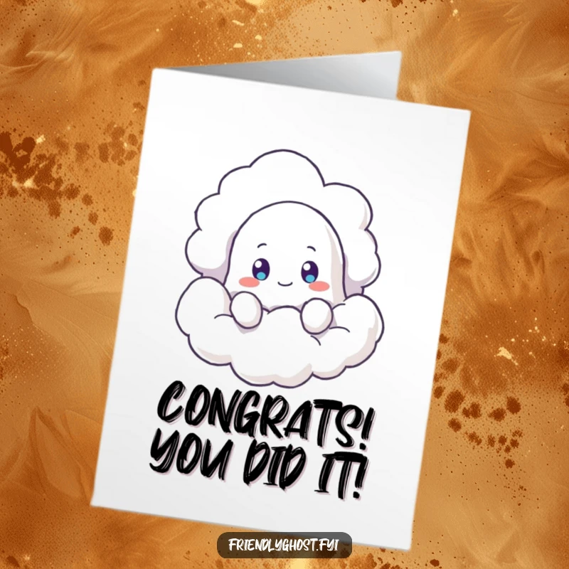 Funny Free Printable Congratulations Card: Ghost peeking from cloud, expressing curiosity, ideal for a downloadable gift.