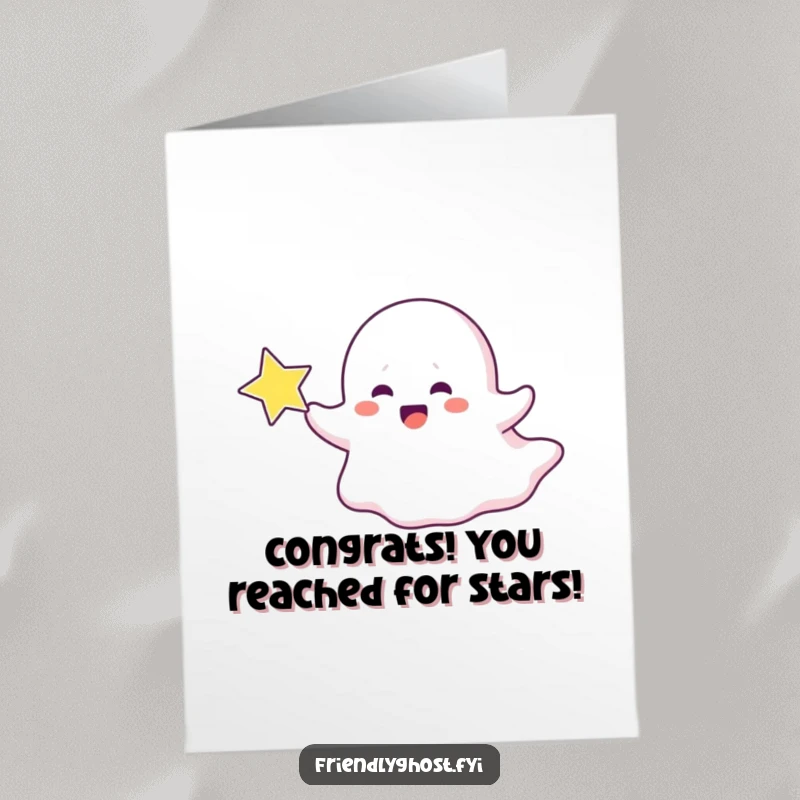 Funny Free Printable Congratulations Card: A ghost character joyfully chasing a bright, sparkling star, signifying achievement.