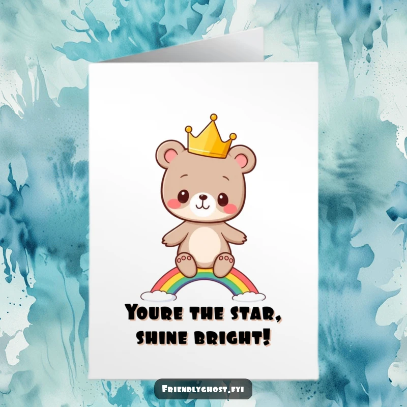 Funny Free Printable Card: Joyful bear cub wearing a crown, balancing on a rainbow for congratulations.
