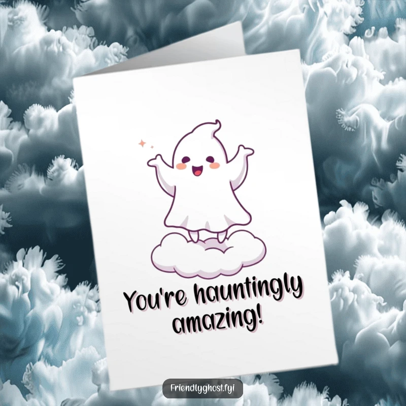 Funny Free Printable Congratulations Card: Ghost doing a happy little jig on a cloud, celebrating achievement.