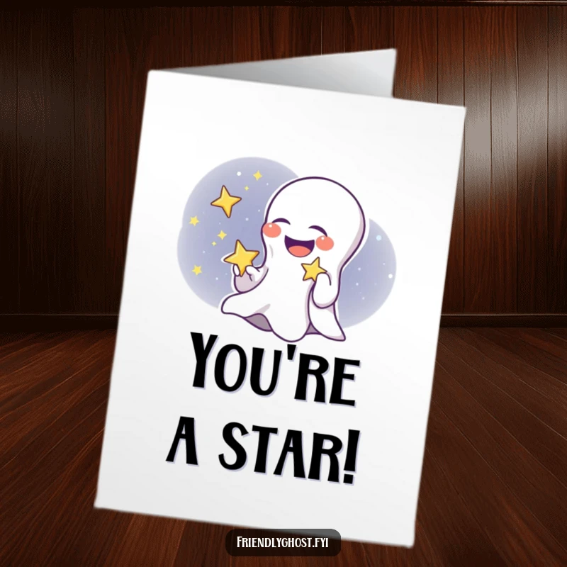 Funny Free Printable Congratulations Card: A joyful ghost child clutching a sparkling star, laughing with delight.