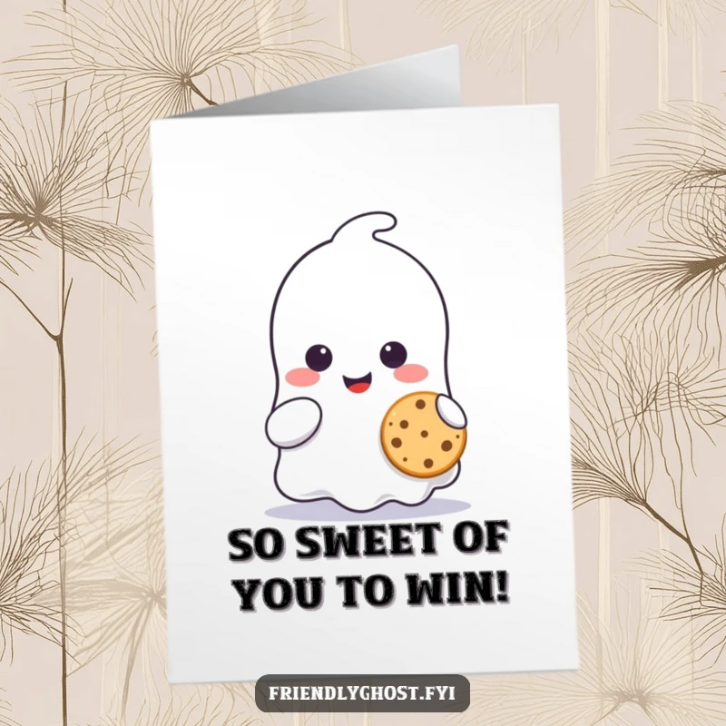 Funny free printable congratulations card showing a cute ghost happily sharing a tiny cookie, celebrating an achievement.