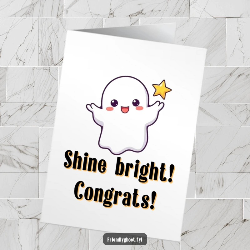 Funny Free Printable Congrats Card: Friendly ghost extending hand to a tiny flickering star, perfect for celebrating success.