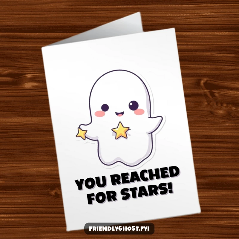 Funny Free Printable Congratulations Card: A playful ghost character holding up a tiny, twinkling, sparkling star.
