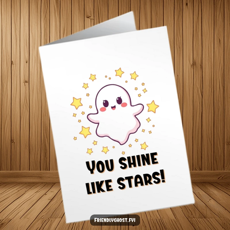 Funny Free Printable Congrats Card: A cheerful ghost character happily drifting through a galaxy of bright, shimmering stars.