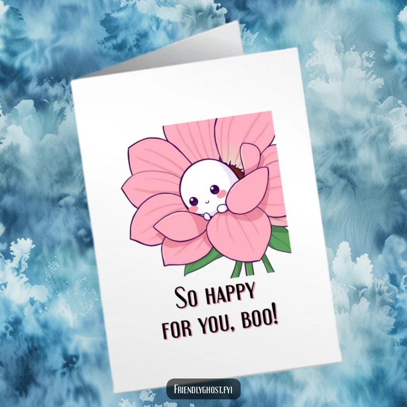 Funny Free Printable Congrats Card: A sweet, shy ghost character peeking out from the stem of a large, colorful flower.