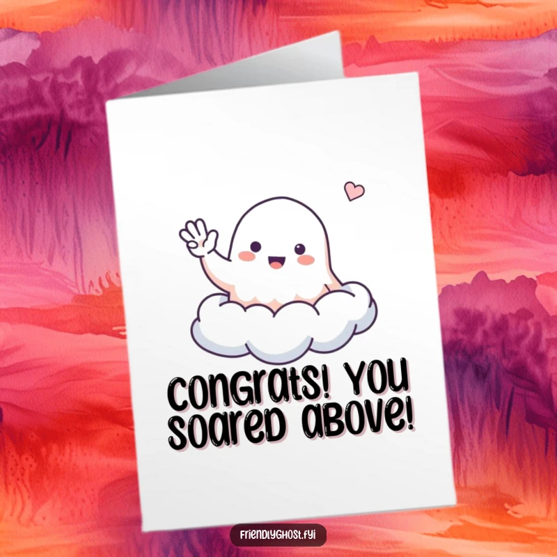 Funny Free Printable Congratulations Card: Small ghost character waving a friendly greeting from atop a fluffy cloud.