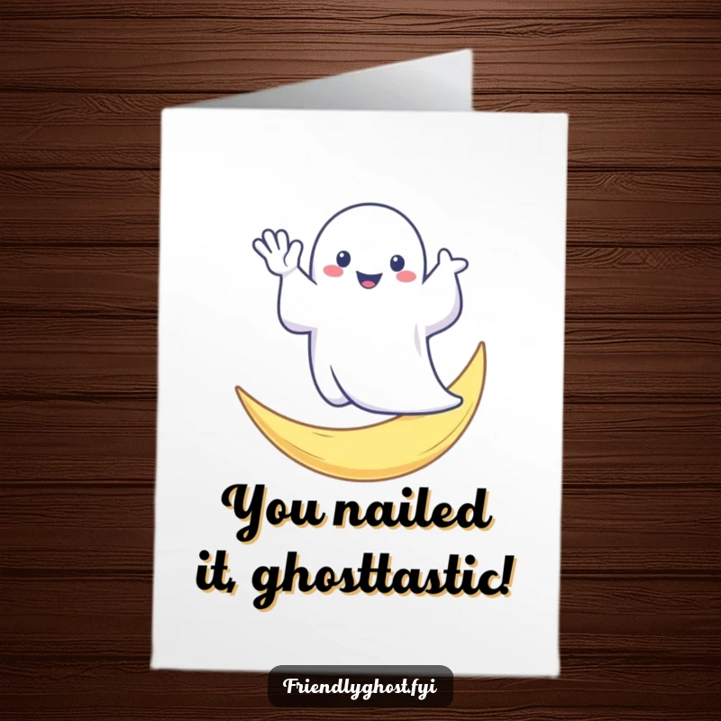 Funny Free Printable Congratulations Card: A friendly ghost waves from a moon, offering spectral good wishes.