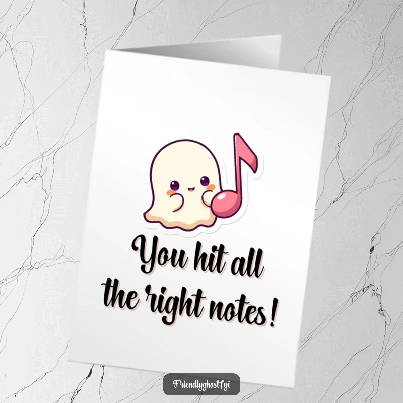 Funny Free Printable Congratulations card: a shy ghost peeks from behind a music note, a gentle and humorous way to express congrats.