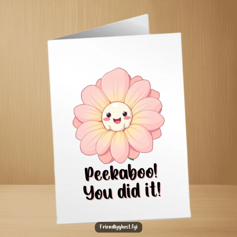 Funny free printable congratulations card: a cute ghost peeks from behind a giant, smiling flower.