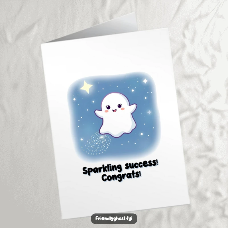 Funny Free Printable Congrats Card: Gentle ghost smiling leaves sparkling path in night sky, perfect for celebrating success.