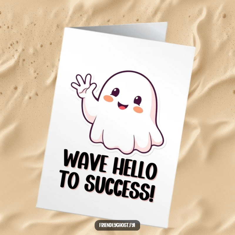 Funny Free Printable Congratulations Card: Happy ghost character waving enthusiastically with a spectral hand, celebrating achievement with energy, DIY.