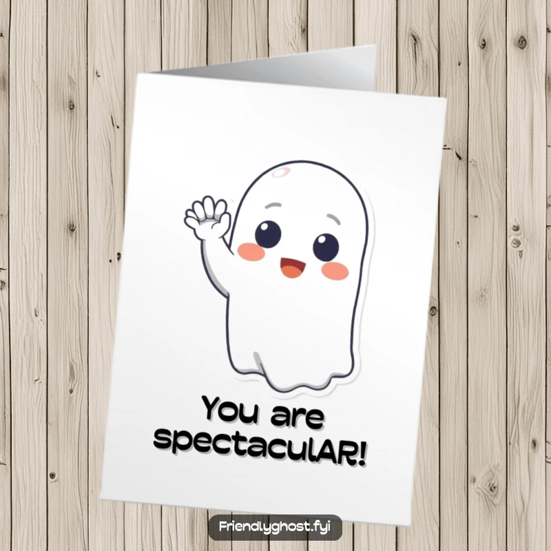 Funny Free Printable Congrats Card: A friendly ghost smiles broadly and waves enthusiastically, celebrating your fantastic accomplishment with ghostly glee.