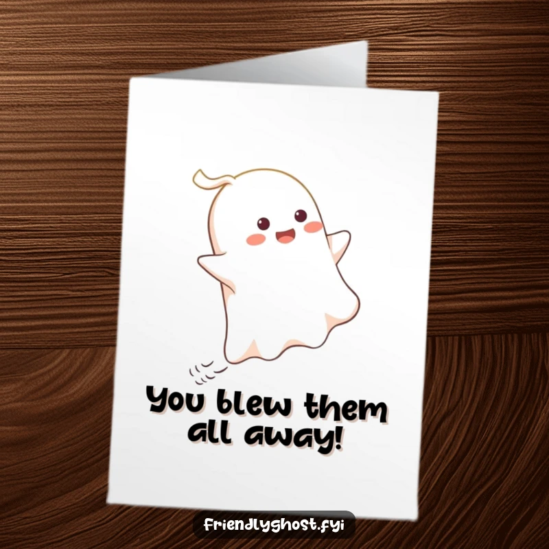 Funny free printable congratulations card: Ghost gleefully riding a playful gust of wind, celebrating success with pure joy.