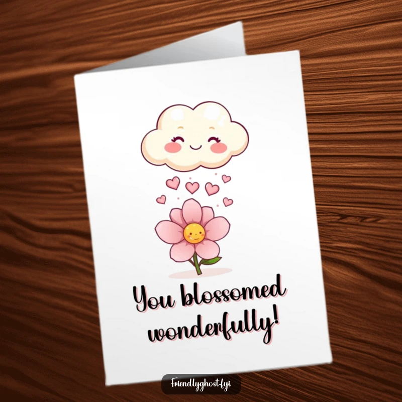 Funny Free Printable Congratulations Card: A happy cloud showers a flower with a gentle rain of sparkling hearts