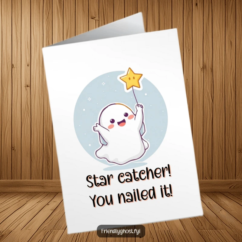 Funny free printable congratulations card: a ghost gleefully catches a bright falling star.