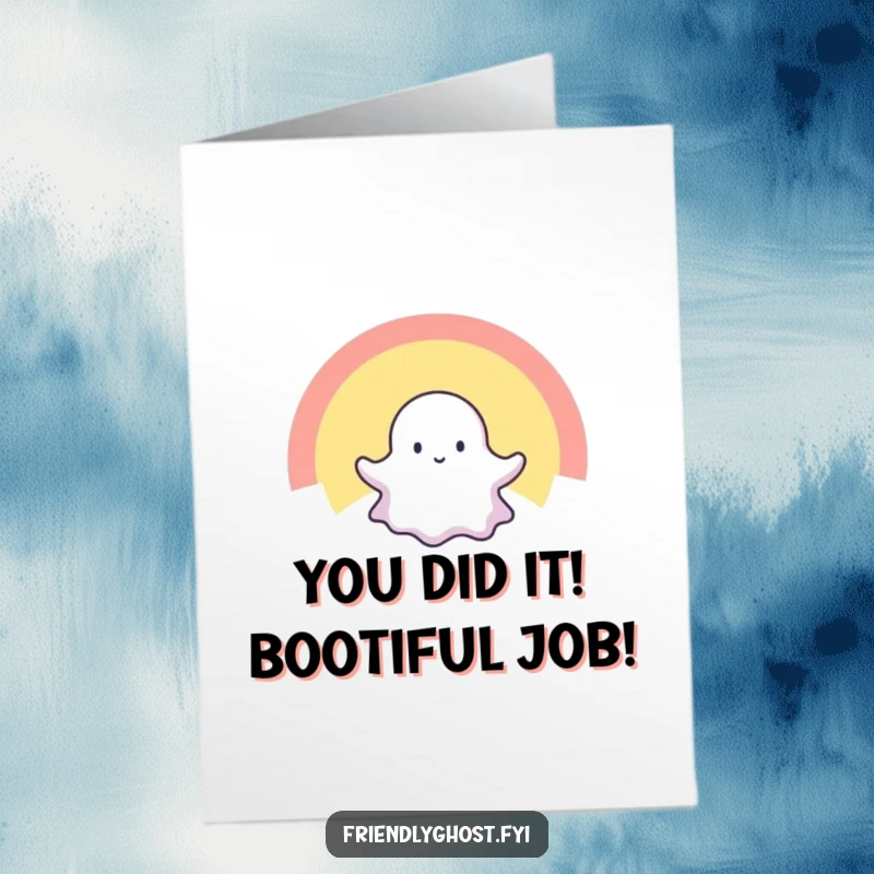 Funny Free Printable congratulations card with a tiny ghost joyfully floating through a bright, radiant rainbow.