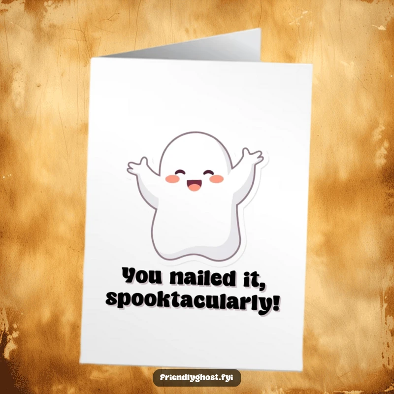 Funny Free Printable Congratulations Card: Giggling ghost celebrating with a wild, silly dance in the air.