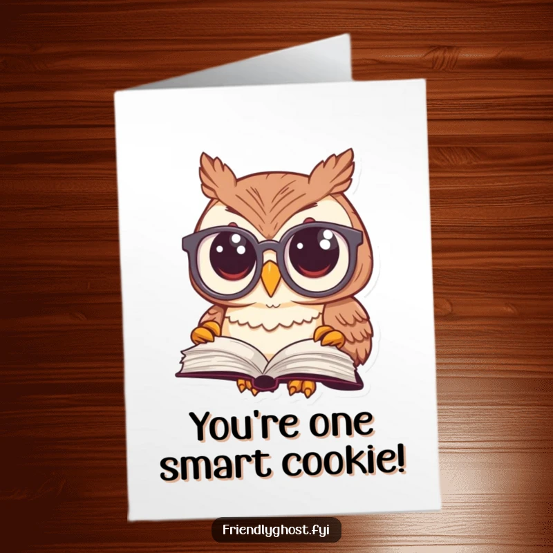 Funny Free Printable Card: Owl wearing huge glasses gazes at a floating book, conveying congratulations.