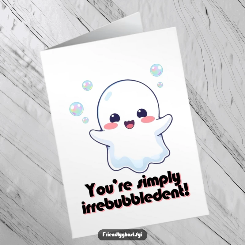 Funny free printable congratulations card: Ghost happily blowing iridescent bubbles, celebrating new beginnings with joy.