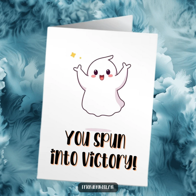 Funny free printable congratulations card: Ghost joyfully doing a little aerial pirouette, celebrating success with a dynamic pose.