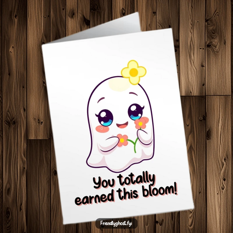 Sweet free printable congratulations card: Ghost with wide, happy eyes offering a glowing flower, celebrating success with warmth.