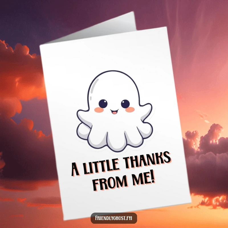 Funny Free Printable thank you card of a little ghost playfully peeking out from its hiding spot behind a cloud.