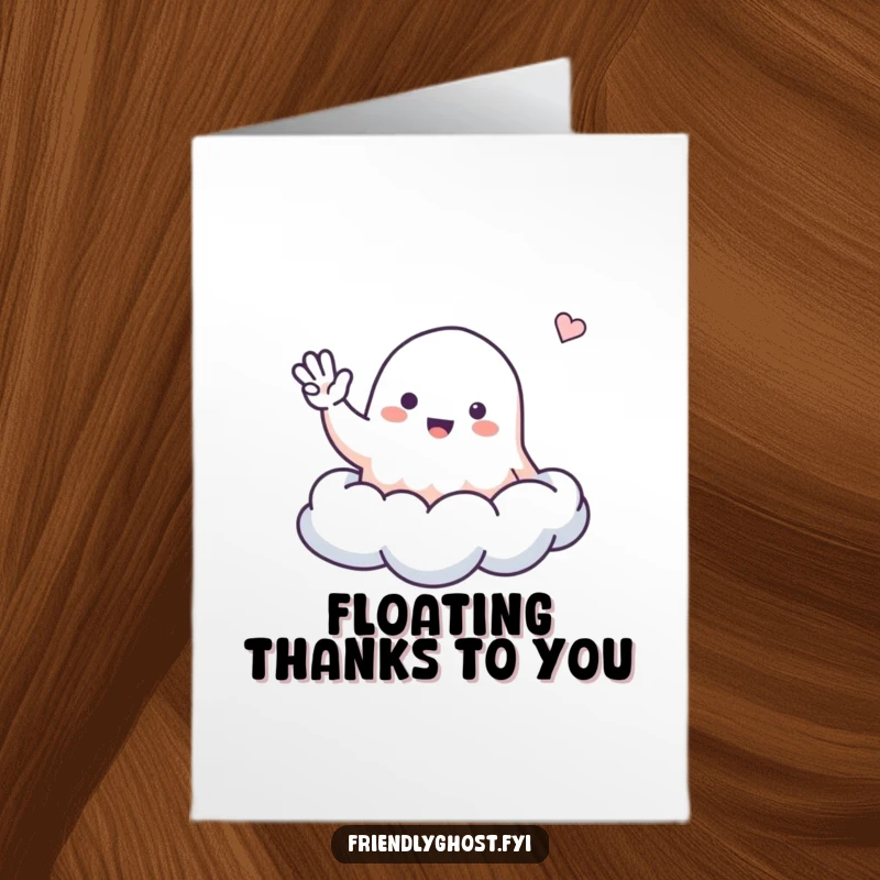 Funny Free Printable Thank You Card: A small ghost character waving hello from a soft cloud, perfect for thanking someone.
