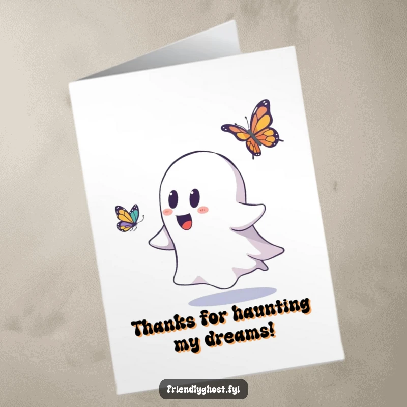 Funny Free Printable Thank You Card: A cheerful ghost character playfully bounds after a beautiful butterfly, conveying thanks, print at home.