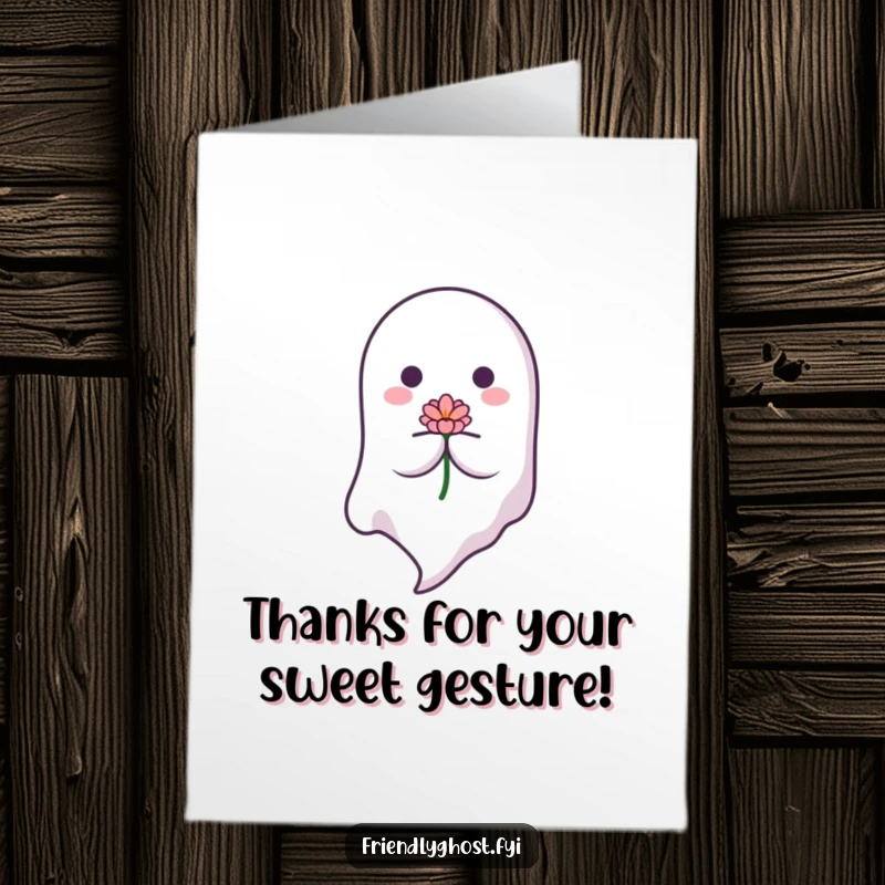 Funny Free Printable Thank You Card: Gentle ghost floating down with a blooming flower, expressing peaceful thanks.