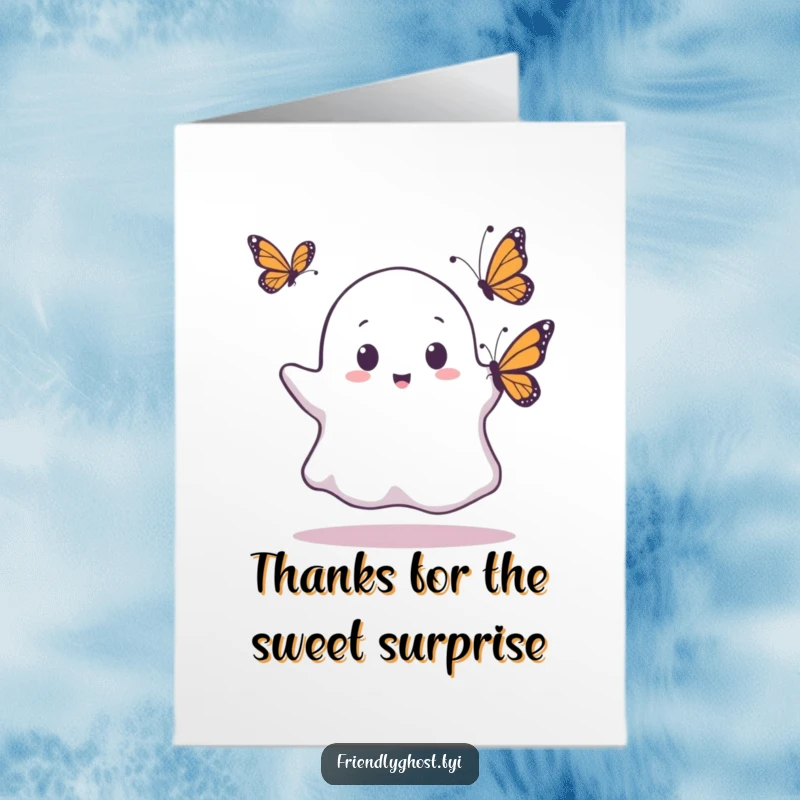 Funny Free Printable Thank You Card: A ghost recoils in surprise as a butterfly lands, a sweet thank you moment.