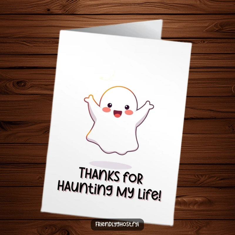 Funny Free Printable Thank You Card: A ghost doing a cartwheel in a sunbeam, spreading happy vibes.