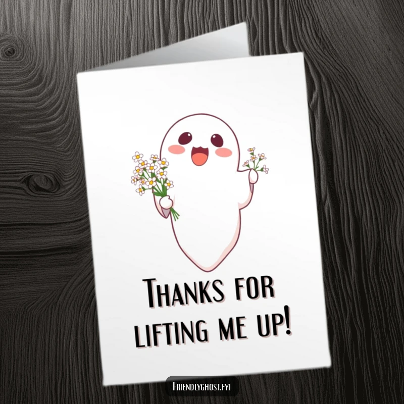 Funny Free Printable Thank You Card: A ghost floating upwards holding a small bunch of pretty flowers.