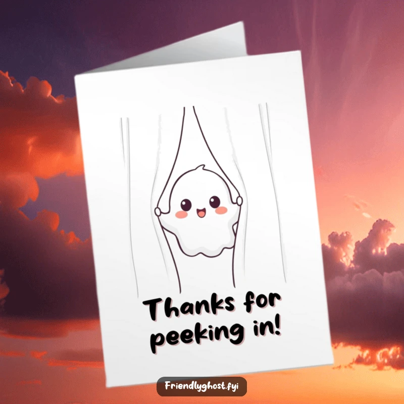 Funny Free Printable Thank You Card: A cheerful ghost character peeks out playfully from behind a lustrous curtain, offering a delightful thanks, print at home.