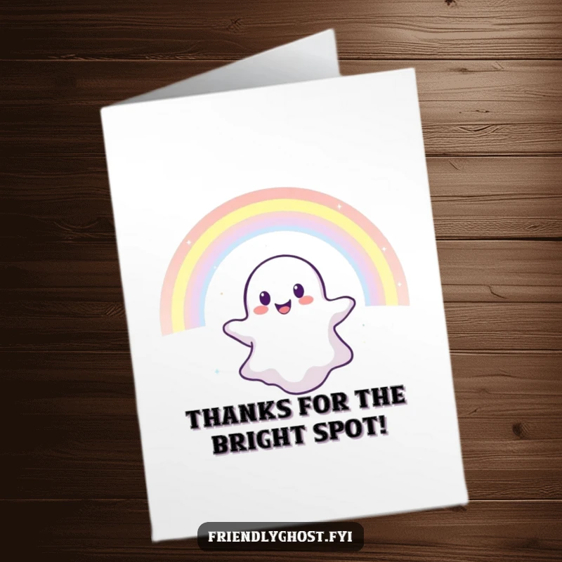 Funny Free Printable Thank You Card: A contented ghost happily glides through a luminous rainbow, sending warm wishes of thanks.