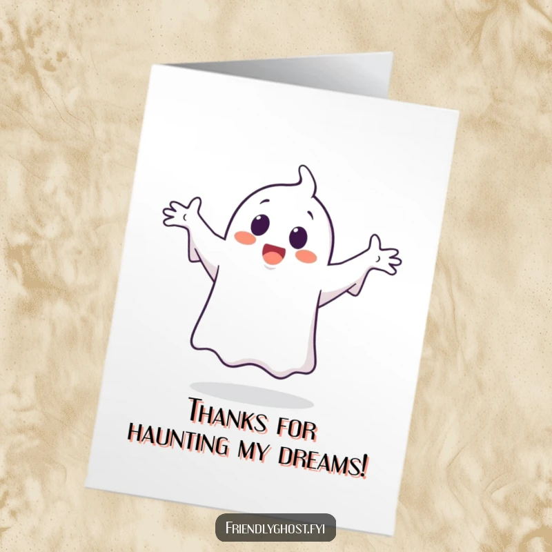 Funny free printable thank you card showing a ghost happily dancing with arms out, expressing gratitude with joy.