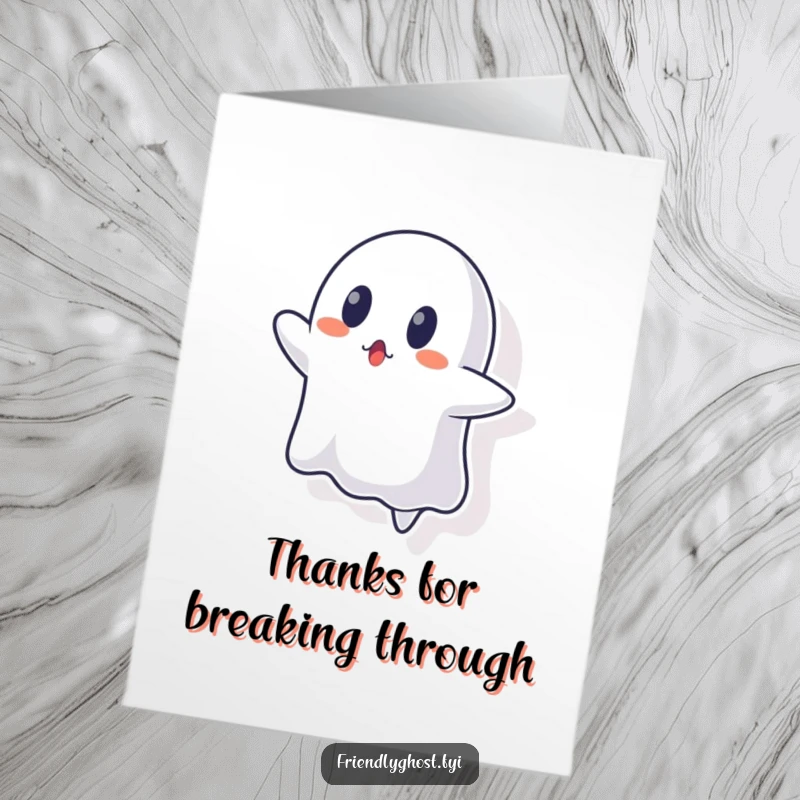 Funny Free Printable Thank You Card: A surprised ghost character hilariously stuck mid-wall, ideal for a funny thank you.
