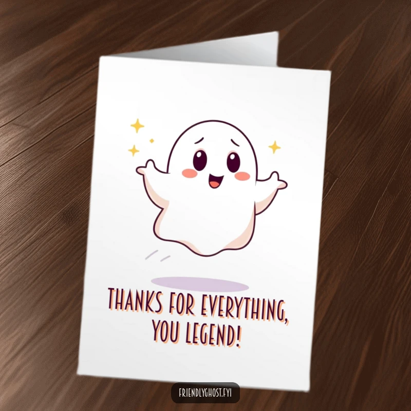 Funny Free Printable Thank You Card: Giggling ghost with a sparkling trail, expressing thanks, downloadable gift.