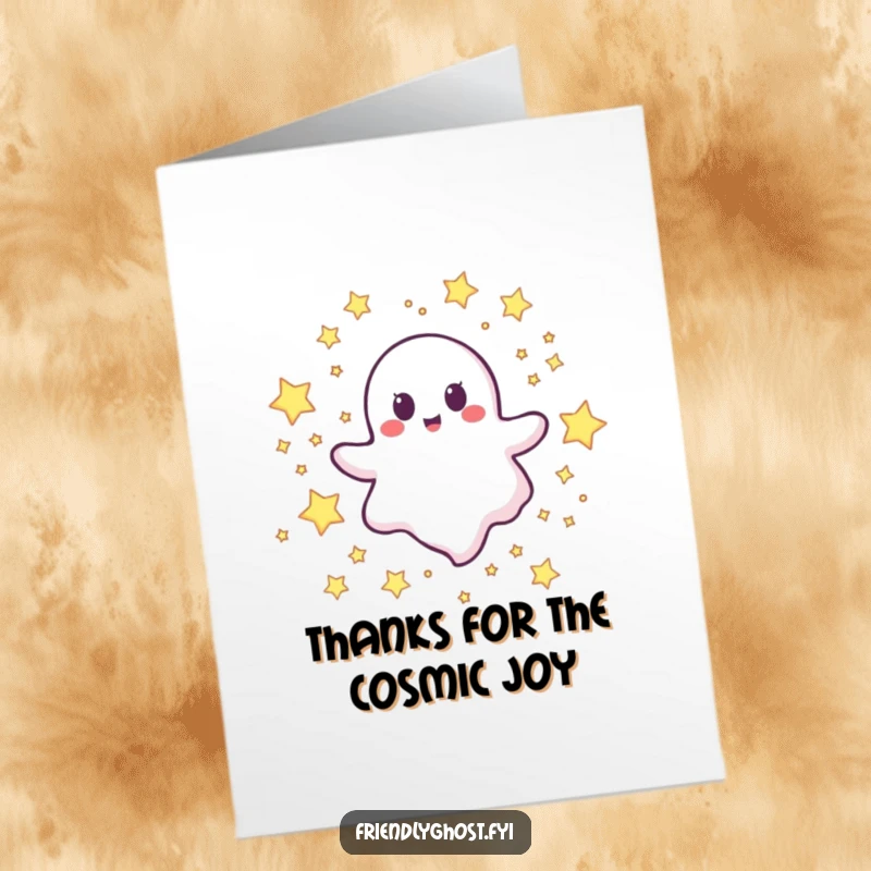 Funny Free Printable Thank You Card: A gleeful ghost character soaring joyfully through a field of sparkling stars in the night sky.