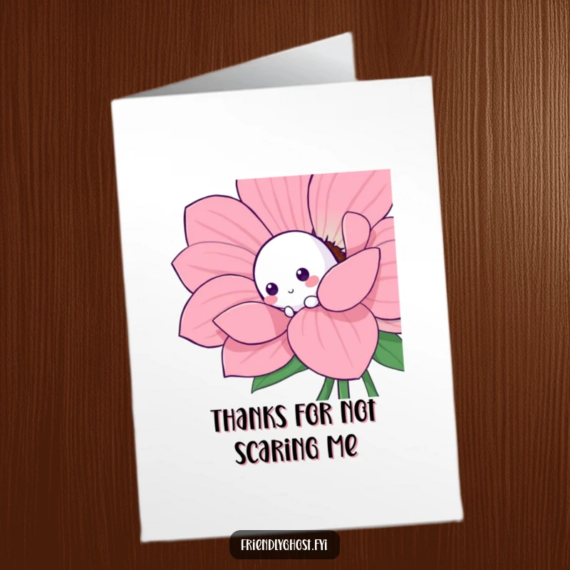 Funny Free Printable Thank You Card: A bashful ghost hiding behind a big, bright flower, offering a gentle thank you.